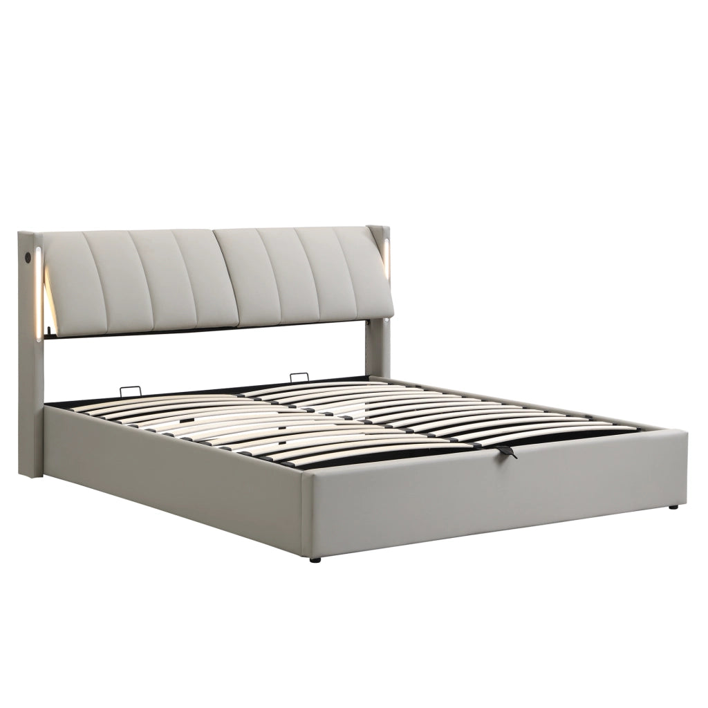Letto matrimoniale 140x190 cm in PU grigio con LED; USB Type-C e contenitore