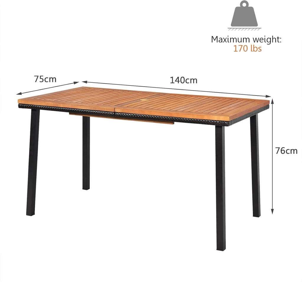 Tavolo da Pranzo in Legno di Acacia Rettangolare, Tavolo da Giardino con Foro per Ombrellone in Design Industriale,140 x 75 x 76 cm