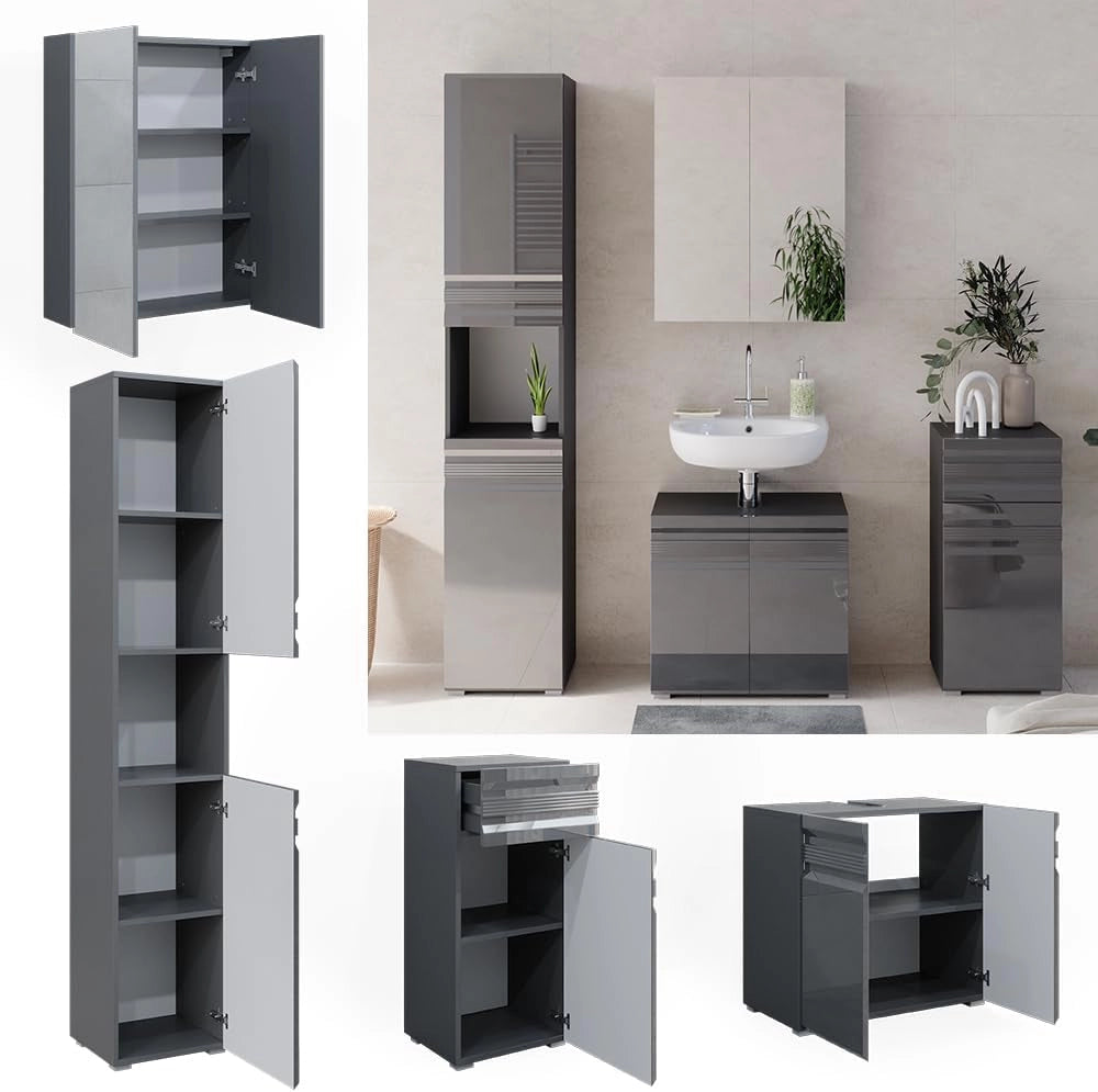 Set mobili bagno Fredd, Antracite lucido, 56 cm, composto da mobile lavabo, pensile a specchio, colonna e base media