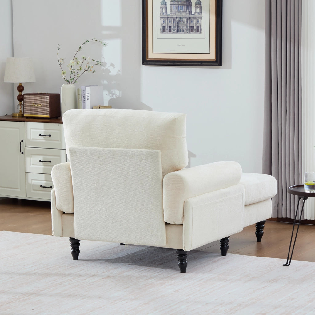 Poltrona Relax Con Tasche Laterali Seduta Extra Larga Schienale Avvolgente Piedi In Legno Massello in Ciniglia Beige