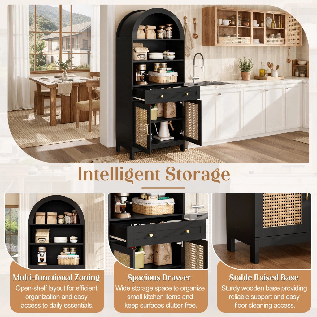 Credenza moderna con 3 vani aperti, 1 cassetto e 2 ante, anti-ribaltamento, per soggiorno, nero, 70 × 40 × 170 cm