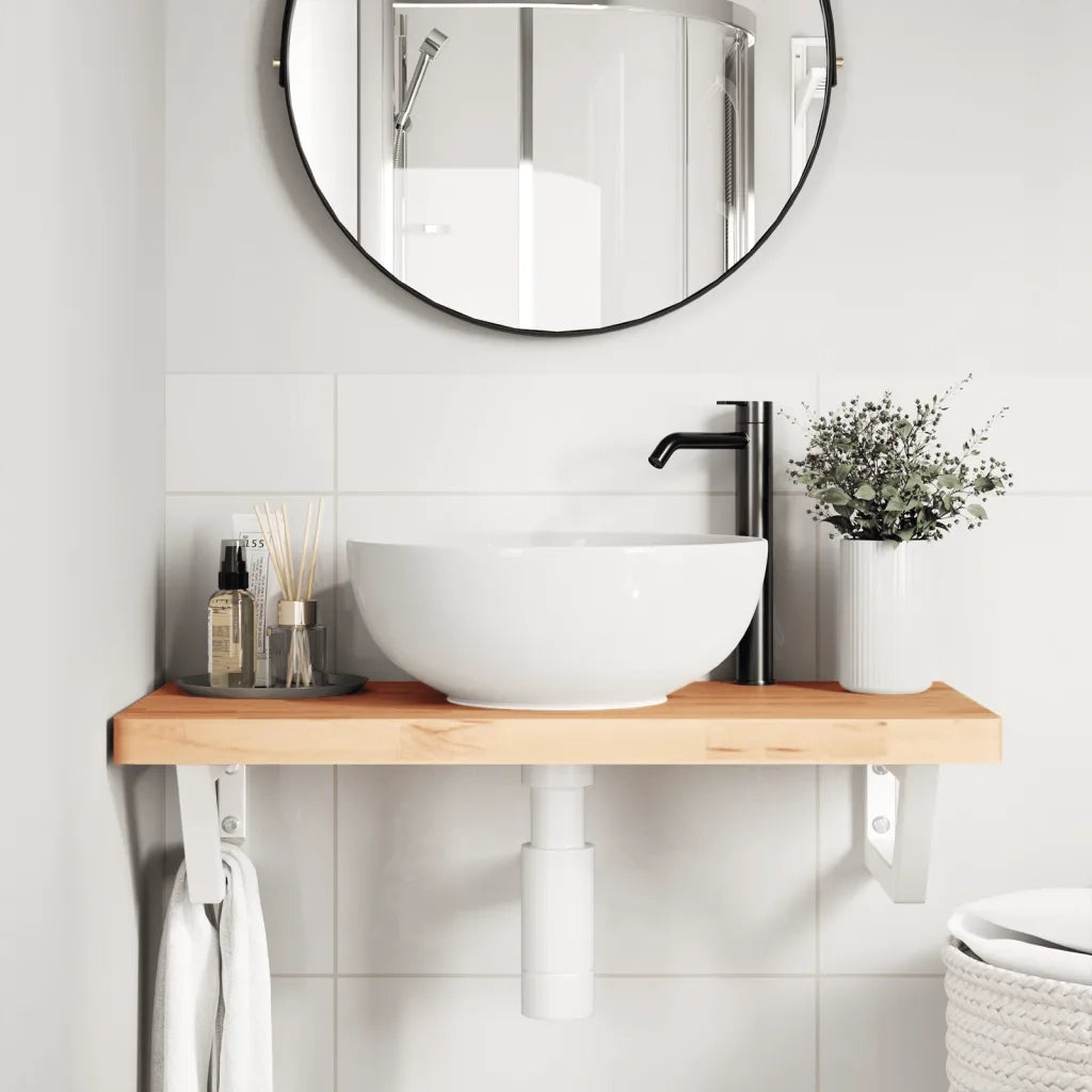 Ripiano a Parete per Lavabo-Mensole a Muro in Acciaio e Massello di Faggio 646697