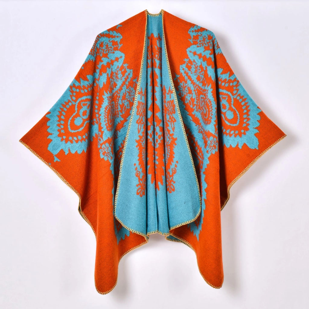 Poncho/scialle da donna caldo e accogliente con jacquard a motivo retr¨°, spesso e diviso.