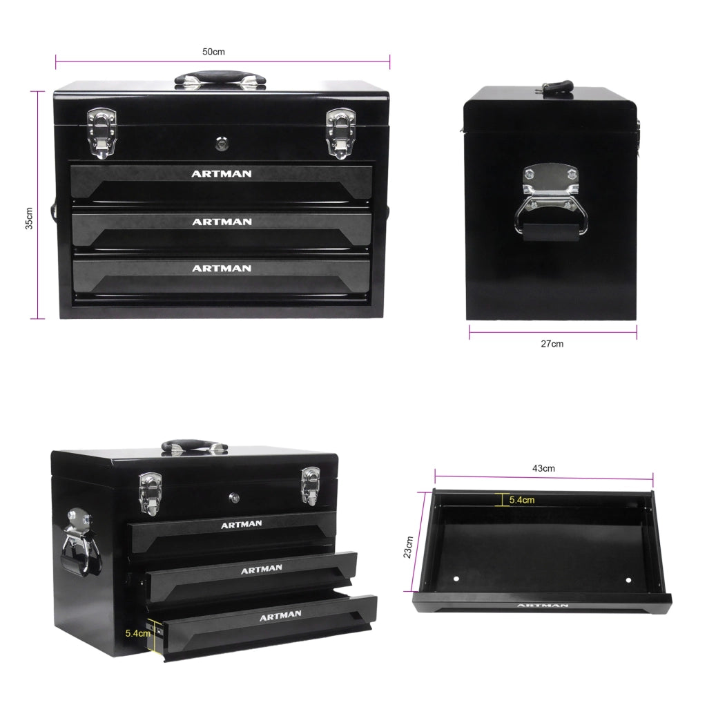 Cassa porta attrezzi in acciaio 50x27x35 cm nera con 3 cassetti e maniglia