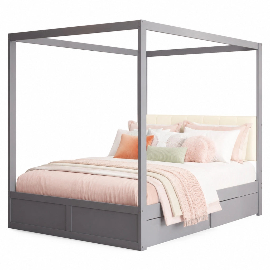 Letto a casetta 140x200 cm in legno grigio con testiera imbottita e 2 cassetti