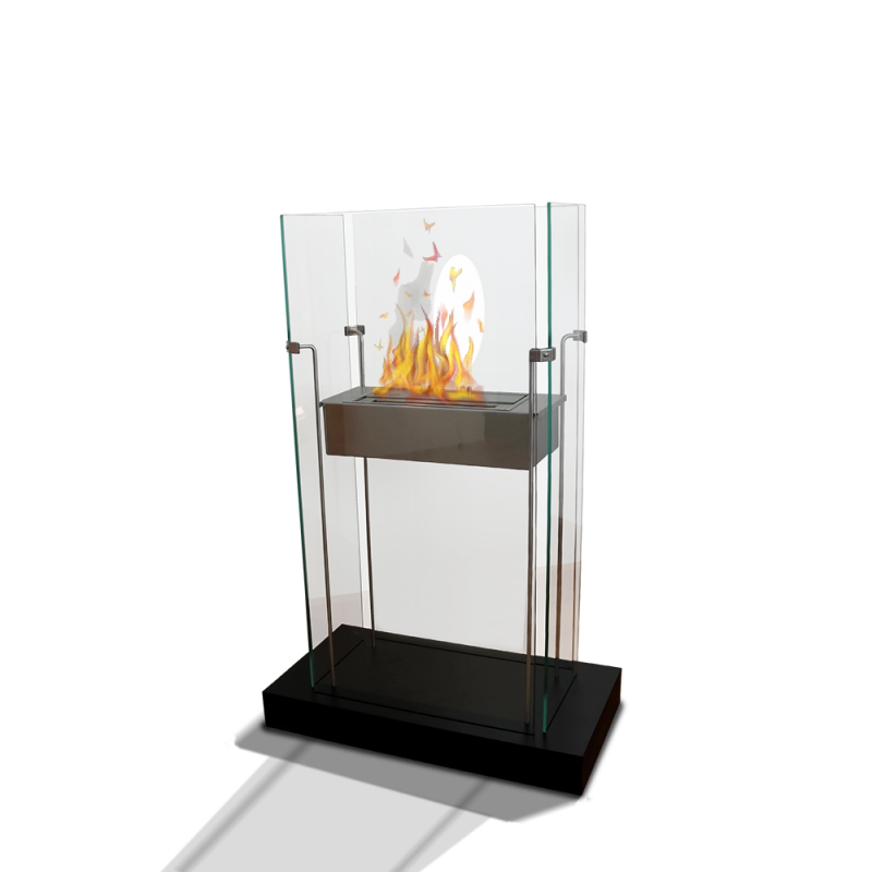 Biocamino pavimento Atlanta Nero 2 kW – struttura acciaio + base in legno, 4 vetri – Tecno Air System