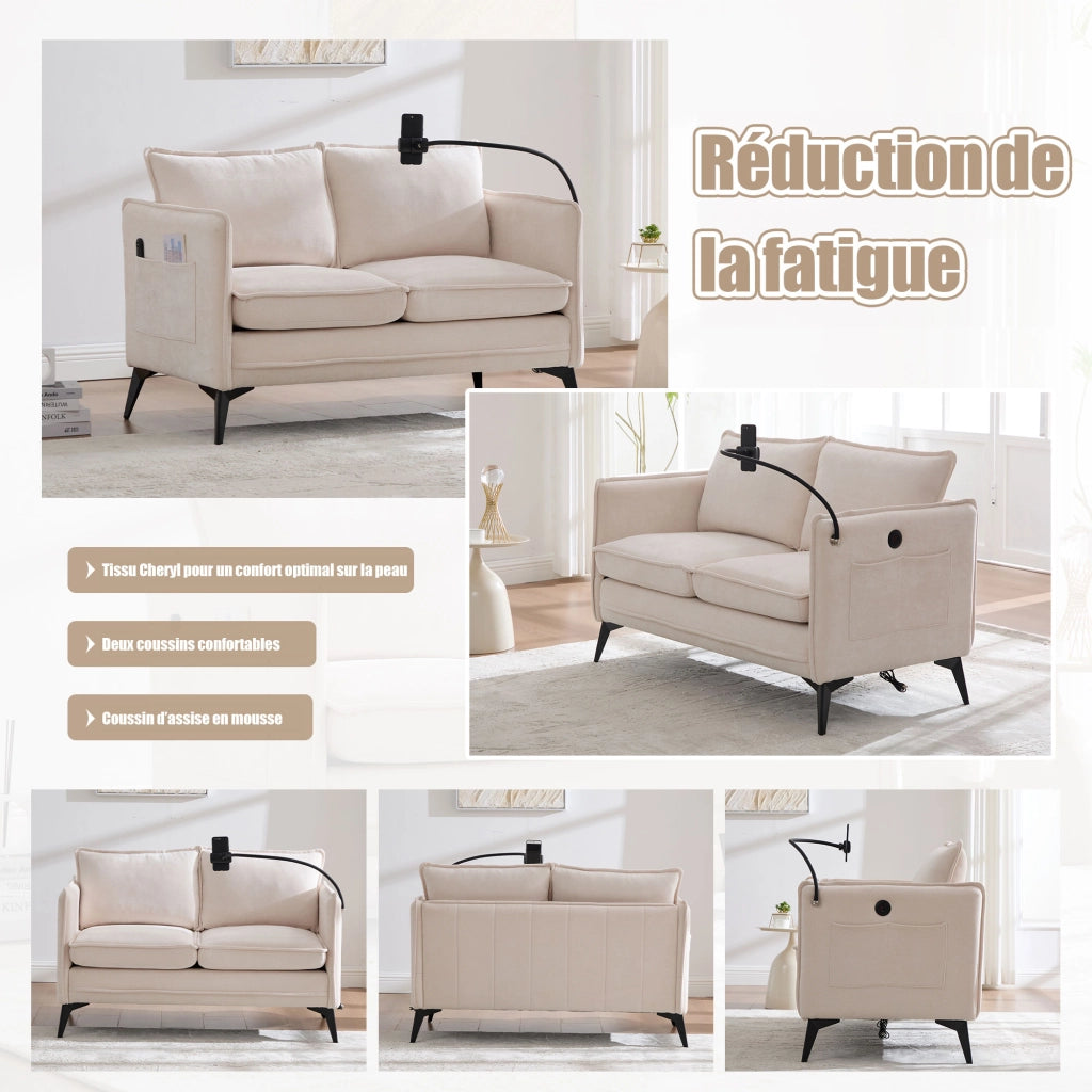 OKWISH Divano Lineare 2 Posti con Supporto Regolabile per Telefono e Tasche Laterali, Ciniglia Beige, 127 × 69 × 66 cm
