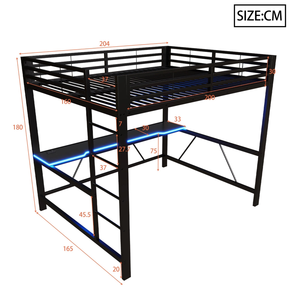 DESMIU Lit mezzanine 160 × 200 cm 2 posti con scrivania, LED e senza materasso, in metallo e MDF, nero