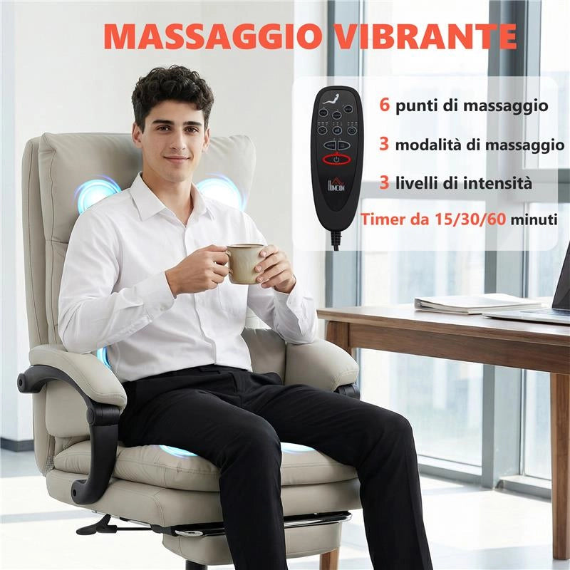 SEDIA DA UFFICIO MASSAGGIANTE E RISCALDATA, RECLINABILE 135¦ CON POGGIAPIEDI IN PELLE PU, GRIGIO CHIARO