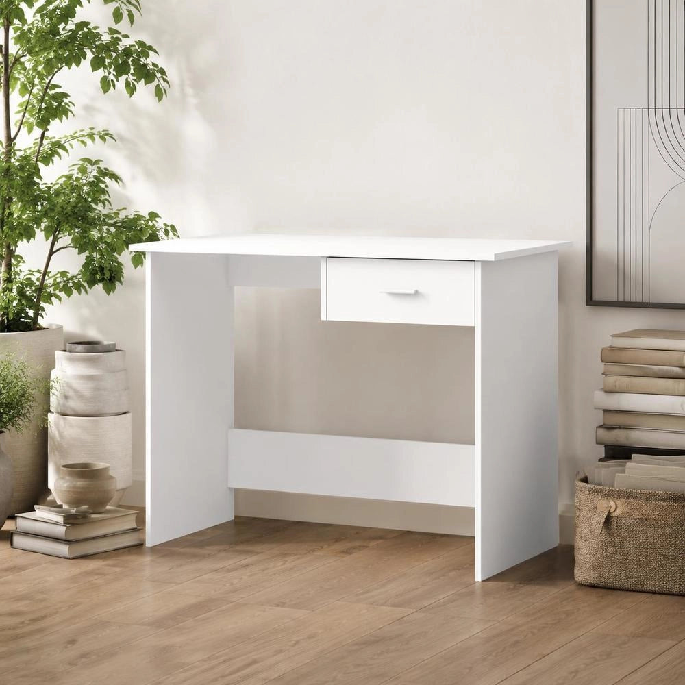 Modern White Desk With Drawer, Wooden Computer Table For Home Office Bedroom Small Space, Easy Clean Surface, 100x50x76 Cm