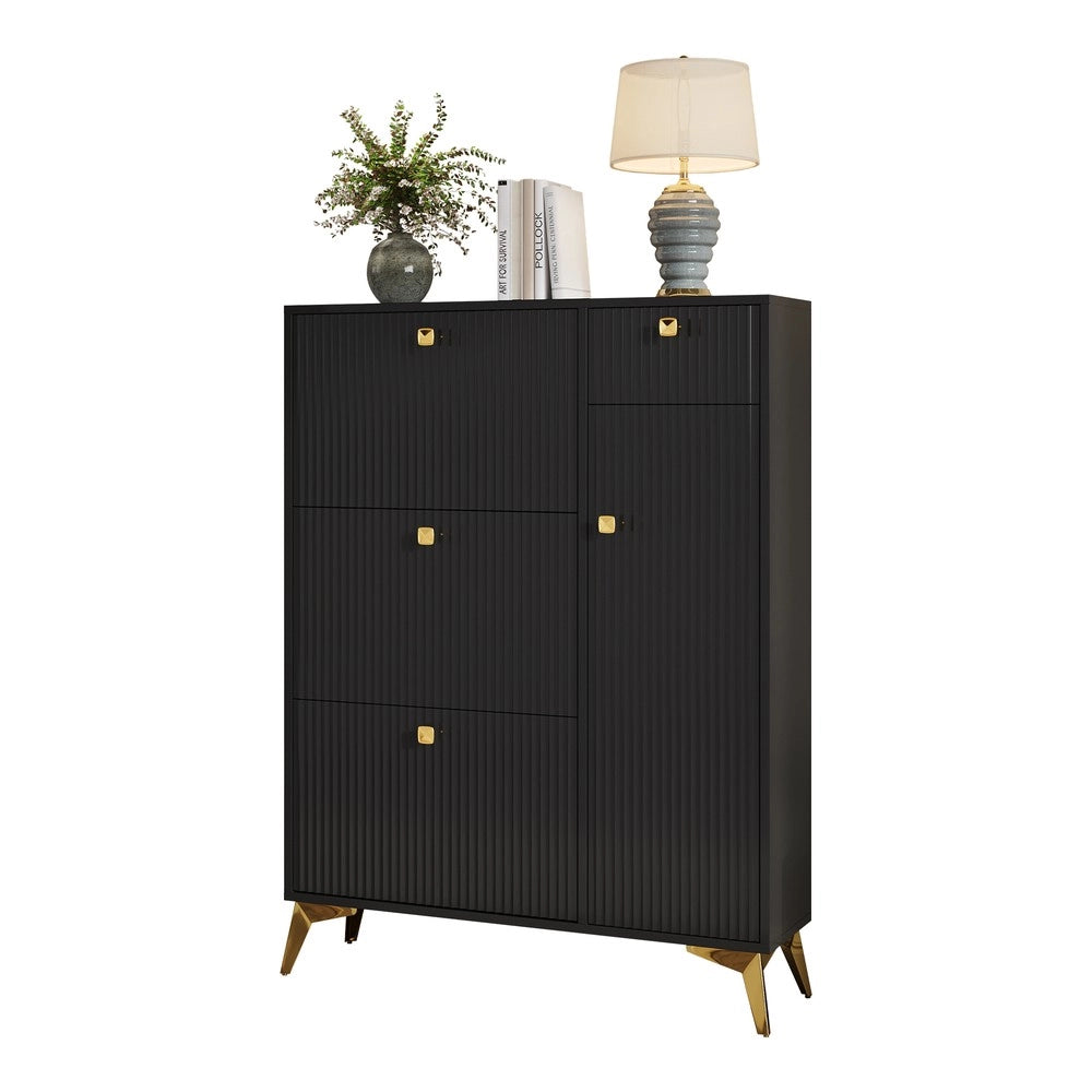 Scarpiera con 3 Ante, 1 Cassetto e 1 Porta ¨C MINIMAL ¨C Nero, 90x121x25 cm
