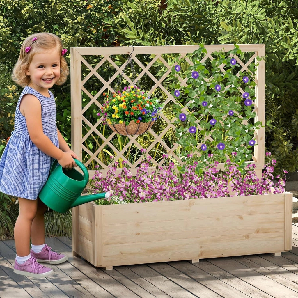 Fioriera con Traliccio, Letto da Giardino Rialzato con Grigliato e Fori di Drenaggio, Aiuola Elevata in Legno per Piante Rampicanti da Interno ed Esterno (98 x 35 x 101 cm)