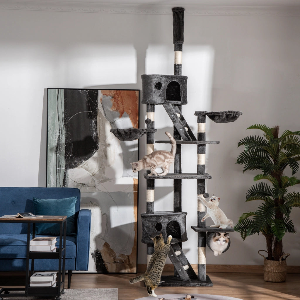 Albero Tiragraffi Multilivello a Soffitto Altezza Regolabile 240-260 cm con Casette e Letti in Peluche e Sisal Grigio