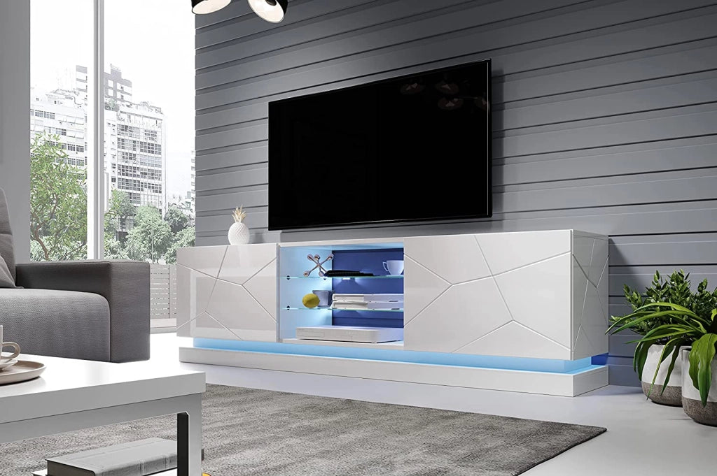 MOBILE TV SOGGIORNO CON LED BLU MODELLO QIU  200X42X57H BIANCO LUCIDO