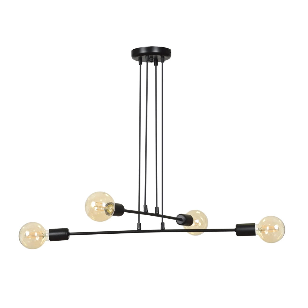 Lampadario Industrial 4 Luci Multiplo In Acciaio Nero A Bracci