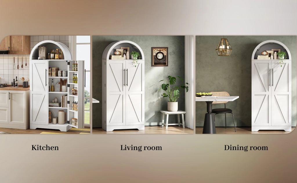 Vetrina con 3 ripiani e 5 vani, con vani aperti ad arco, per cucina e soggiorno, in MDF, bianco, 70 × 40 × 165 cm