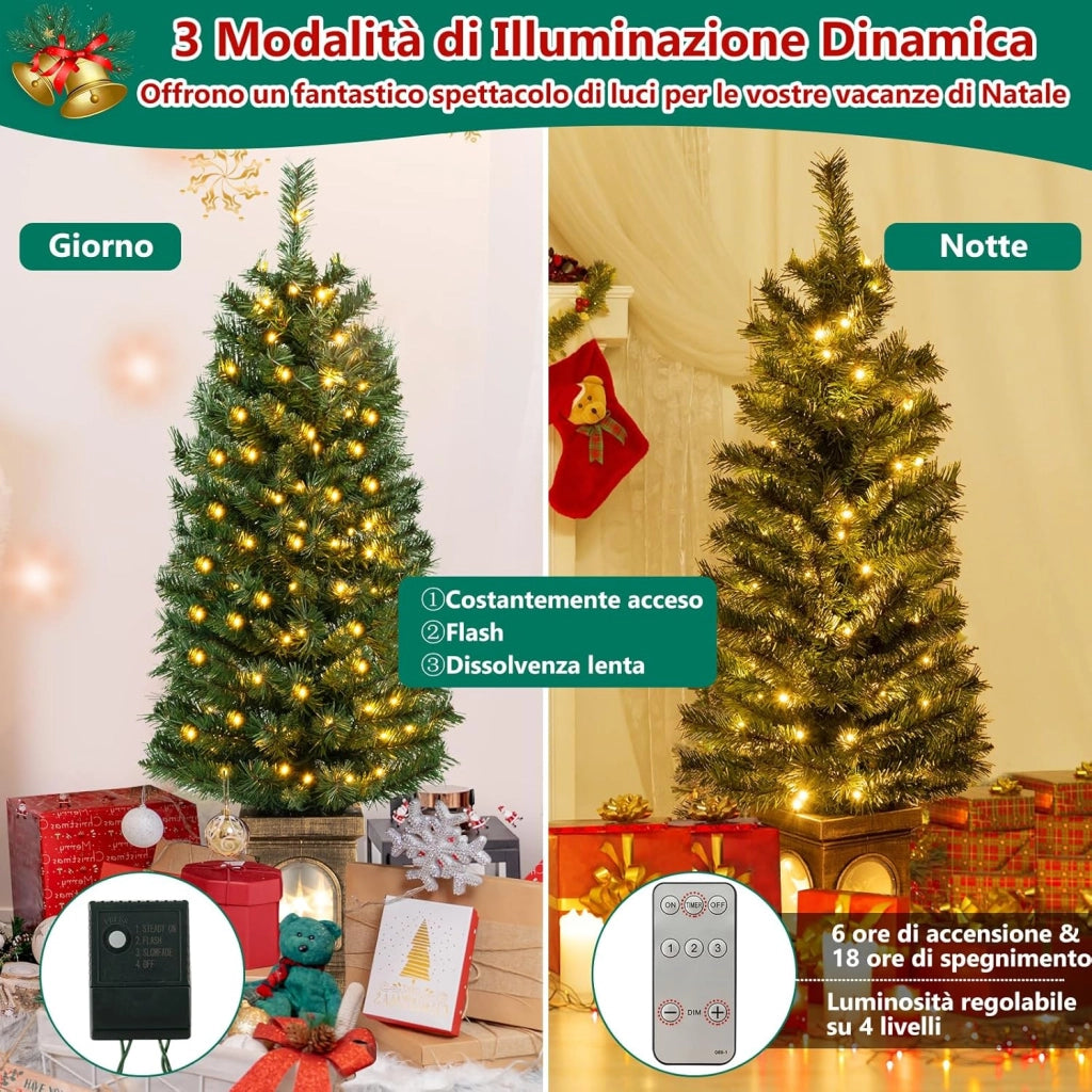 Albero di Natale 120 cm, Albero di Natale Artificiale Finto Pre-illuminato in Vaso con 100 Luci LED, Timer, 3 Modalità di Illuminazione, 160 Punte, Decorazione Natalizia da Interno