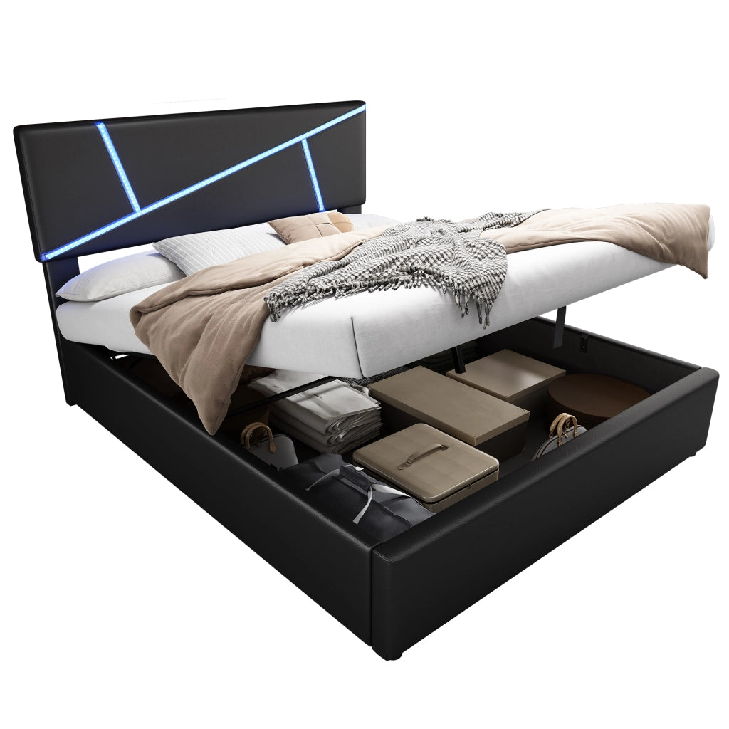 Letto imbottito matrimoniale con LED, contenitore idraulico e rete a doghe, PU nero