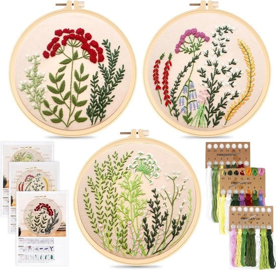 Set di inizio per principianti, set di bordatura con 3 cricchetti, set di bordatura con 3 occhi, set di bordatura per principianti, set di bordatura con 3 pezzi di disegno fiorale, set di attrezzi per bordatura rotondo regolabile