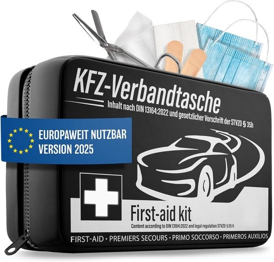 Kit di pronto soccorso per auto - 2025 - Europeo ampio e collaudato (conformità al traffico tedesco) - Kit di pronto soccorso - Borsa per auto, certificato DIN 13164, kit di pronto soccorso per auto - Nero