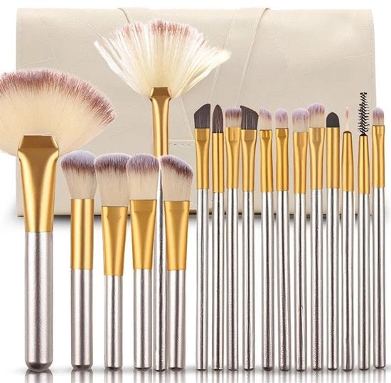 Kit di trucco professionale 18 pezzi - Set di pennelli morbidi con setole sintetiche - Manico in legno - Incluso elegante custodia - Per fondotinta/rouge/schiuma per occhi