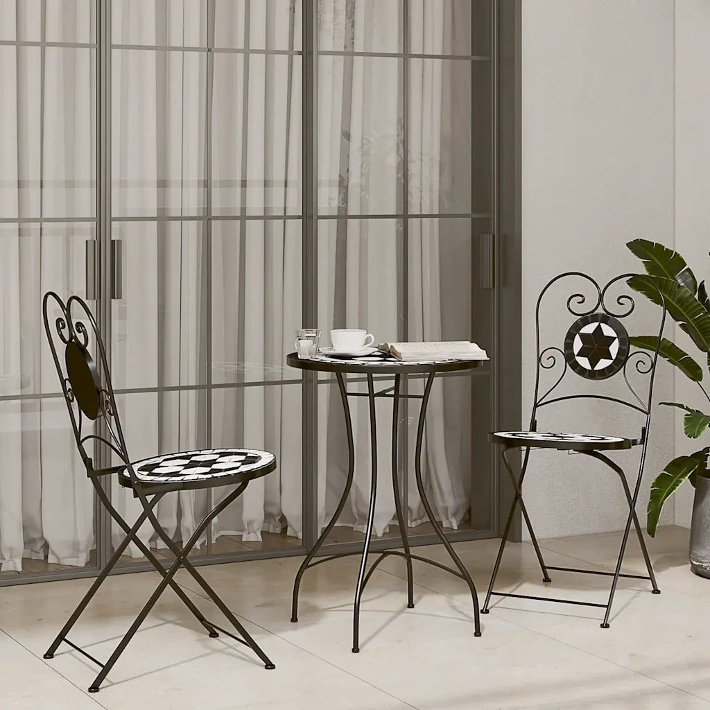 Set da Bistrot con Mosaico Nero e Bianco in Ferro e Ceramica 3216354