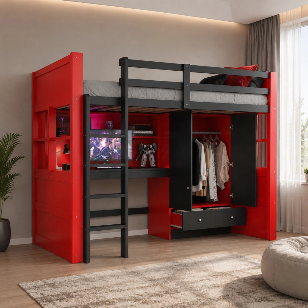 Letto a soppalco 90x200 cm in stile e-sport; con LED; prese; scrivania e armadio; nero e rosso