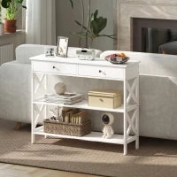 Tavolo Consolle con 2 Cassetti e 2 Mensole, Consolle Ingresso e Soggiorno in MDF, 100x30.5x80cm, Bianco