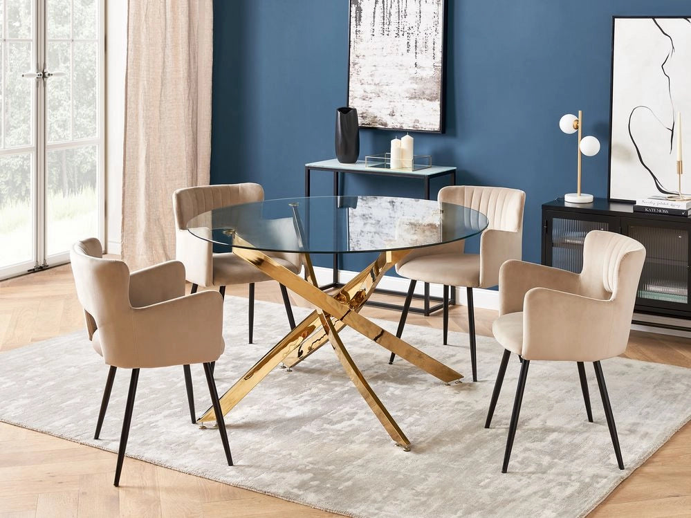 Tavolo da pranzo rotondo piano in vetro temperato gambe in oro ⌀ 120 elegante glamour