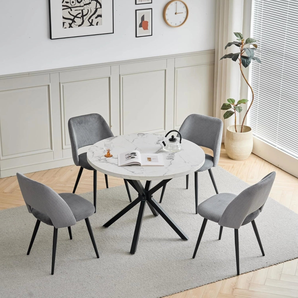 GrandCA HOME Set Tavolo e Sedie da Pranzo,Tavolo Rotondo Moderno da 100 Cm,4 Sedia da Pranzo In Velluto a Coste Traforato,adatto Per Cucina, Soggiorno, Caffetteria(Marmo Nero + Grigio)