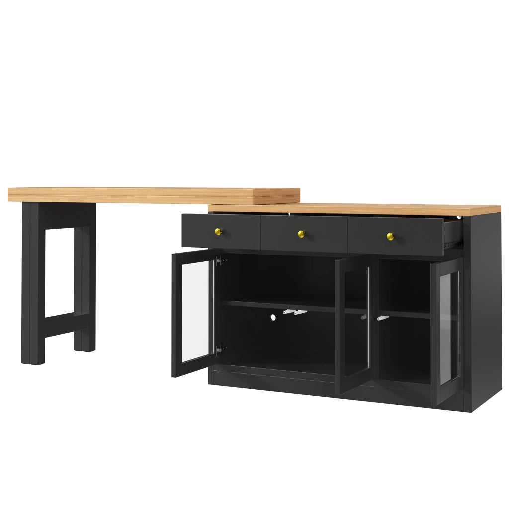 Isola da cucina, tavolo allungabile, illuminazione a LED, 3 cassetti, ante in vetro, nero