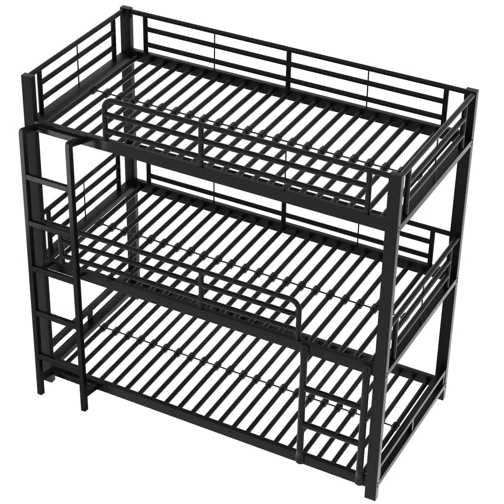Letto a Castello 90×200 cm; Letto a 3 Posti con Sponde ed Scala Fissa; senza Materasso; Metallo; Nero