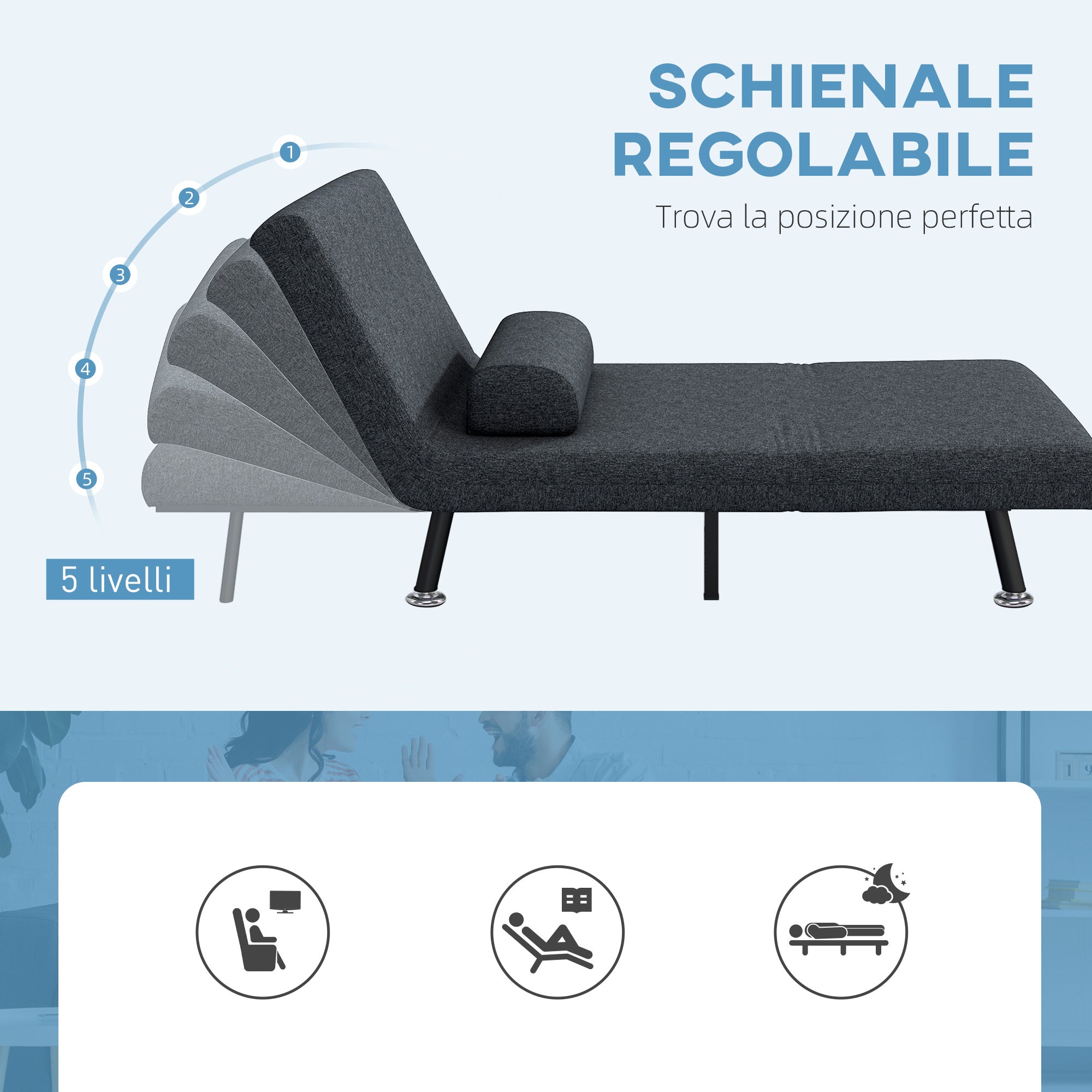 Poltrona Letto con Schienale Regolabile e Cuscino in Tessuto Effetto Lino e Acciaio Grigio Scuro