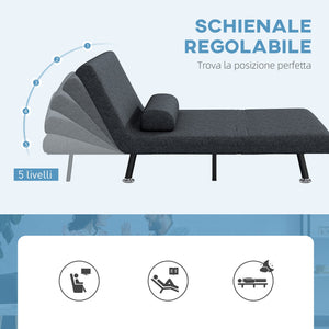 Poltrona Letto con Schienale Regolabile e Cuscino in Tessuto Effetto Lino e Acciaio Grigio Scuro