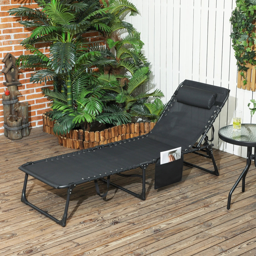 Lettino Prendisole Pieghevole con Cuscino, Poggiatesta e Tasca Laterale, 58x189x32.5 cm, Grigio Chiaro
