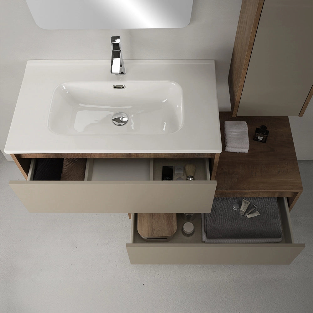 Mobile bagno sospeso 80 cm in legno tabacco e tortora 2 cassetti, colonna, lavabo e specchio Smok