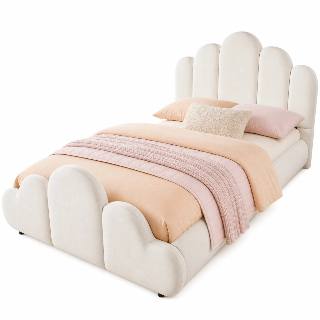Letto singolo imbottito 90x200 cm in velluto beige con testiera, struttura arrotondata e rete inclusa