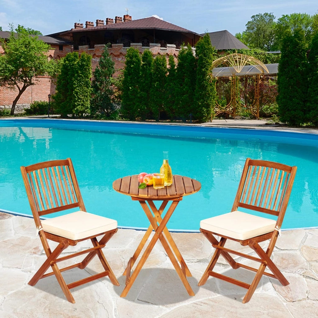 Set di Tavolo e 2 Sedie Pieghevoli in Legno d'Acacia con 2 Cuscini Imbottiti Removibili, Per Esterno, Patio, Giardino e Balcone (Beige)