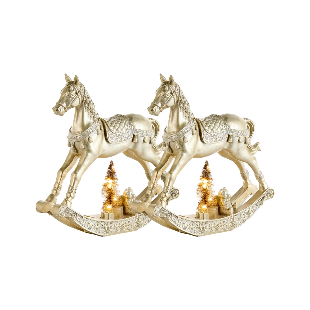 Set di 2 Decorazioni Natalizie Oro in Materiale Sintetico Statuette a Forma di Cavallo a Dondolo