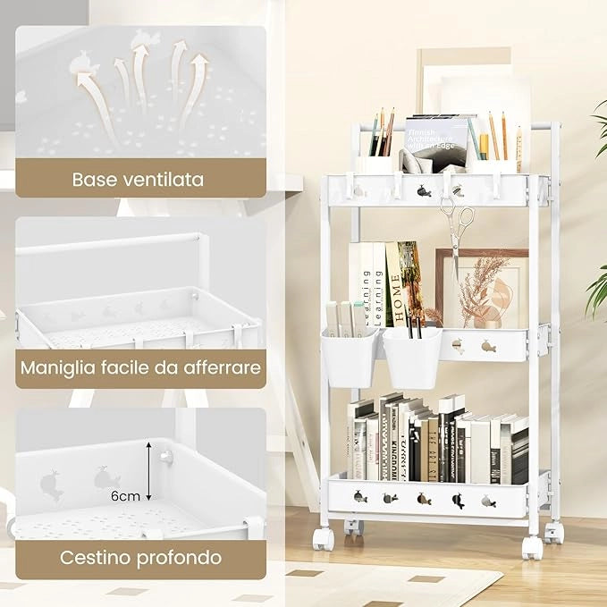 Carrello Portaoggetti a 3 Livelli con Ruote, Carrello di Stoccaggio con 2 Tazze Appese e 4 Ganci, Organizzatore Mobile con Maniglia per Ufficio Soggiorno Cucina e Bagno, Multiuso