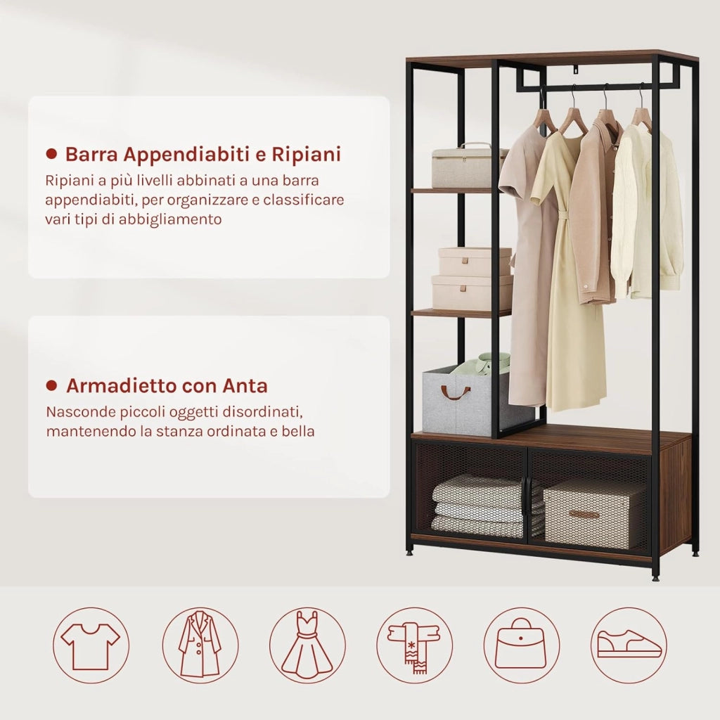 Stand Appendiabiti con Multi Scaffali Laterali e Armadietto Guardaroba Scaffale Porta Abiti in Legno e Metallo, Faggio Scuro