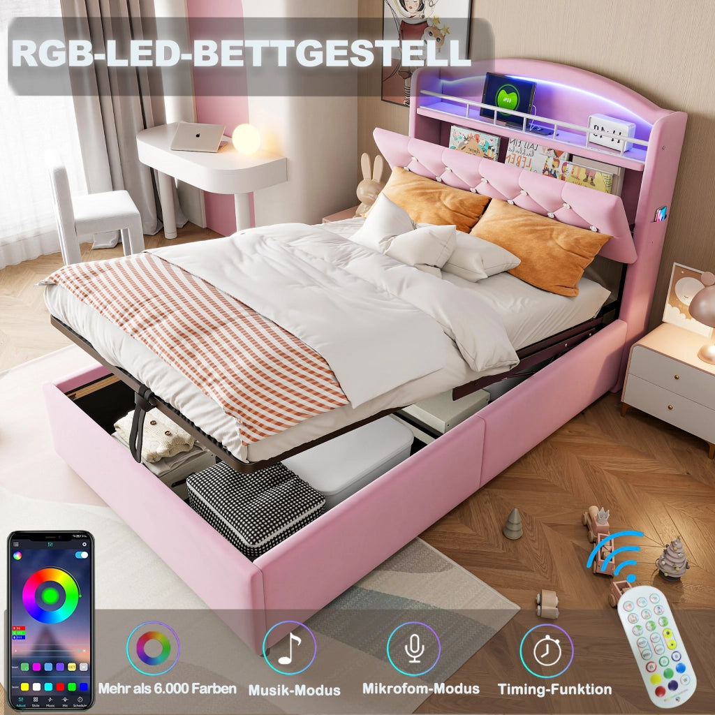 DESMIU Lit enfant 90 × 200 cm con contenitore, LED, 3 USB e Type-C, senza materasso, in velluto, rosa