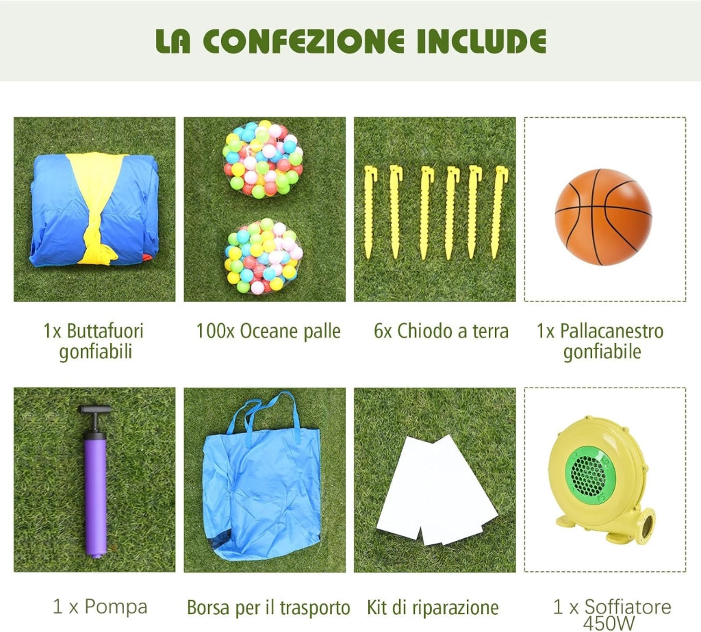 Castello Gonfiabile Per Bambini, con Scivolo, 100 Palline, Borsa di Trasporto e Kit di Riparazione, per 3 Bambini 3-10 anni, Regalo Perfetto per Bambini (con Soffiatore)