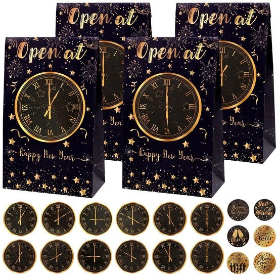 Confezioni regalo 12 pezzi - Borse di carta - Adesivi di chiusura - Notte di San Silvestro - Natale - Confezioni di regalo