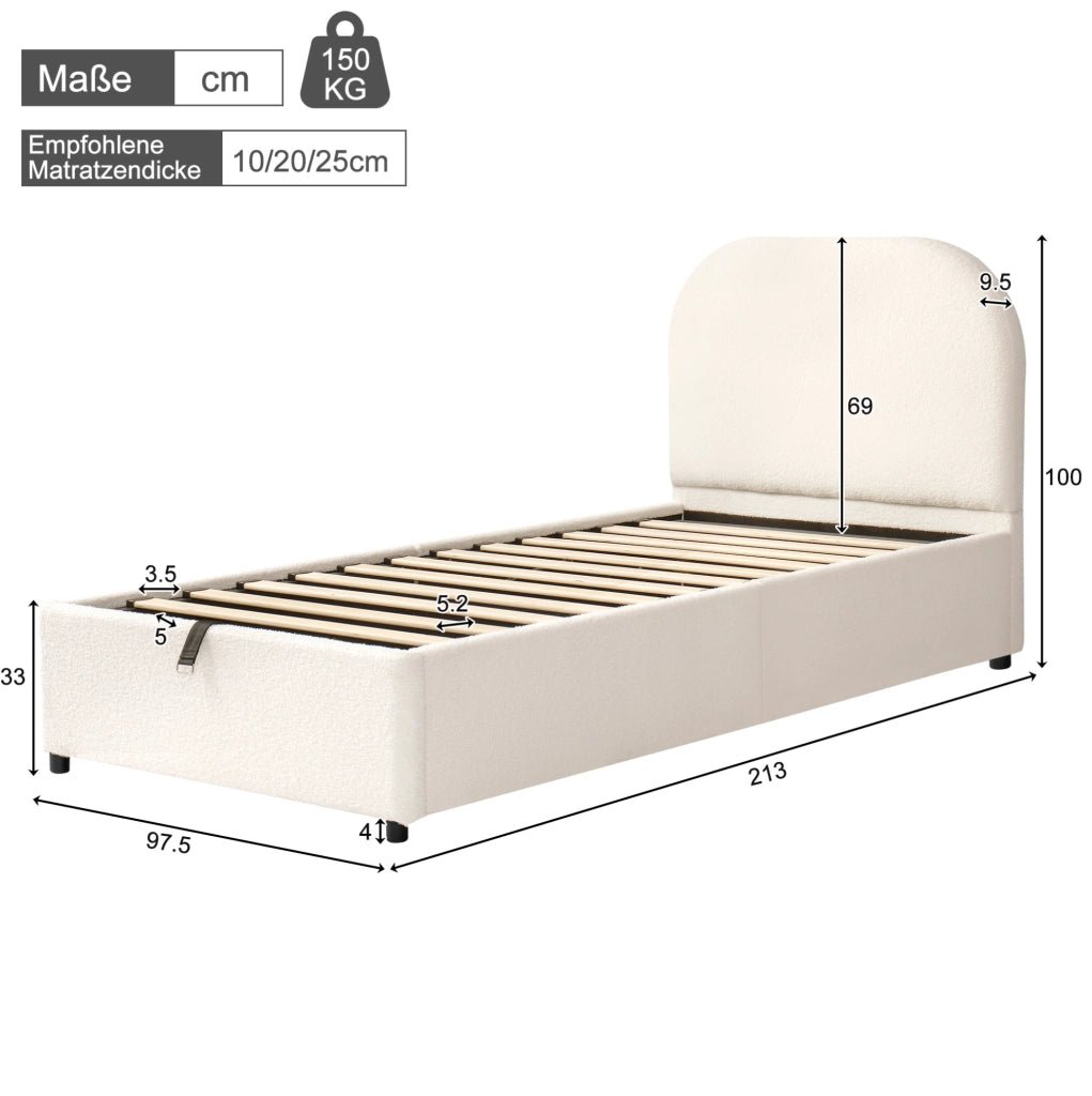 Letto singolo per bambini 90x200 cm con contenitore idraulico; testiera imbottita; bouclé beige