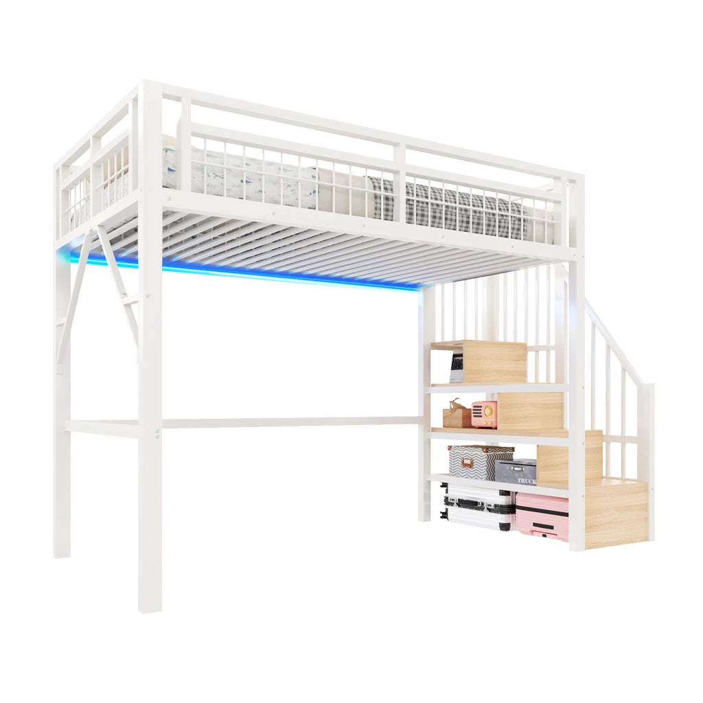OKWISH Letto a Soppalco 140×200 cm, Letto Matrimoniale con LED Regolabile, Scala Contenitore e Spazio sotto Letto, senza Materasso, Bianco