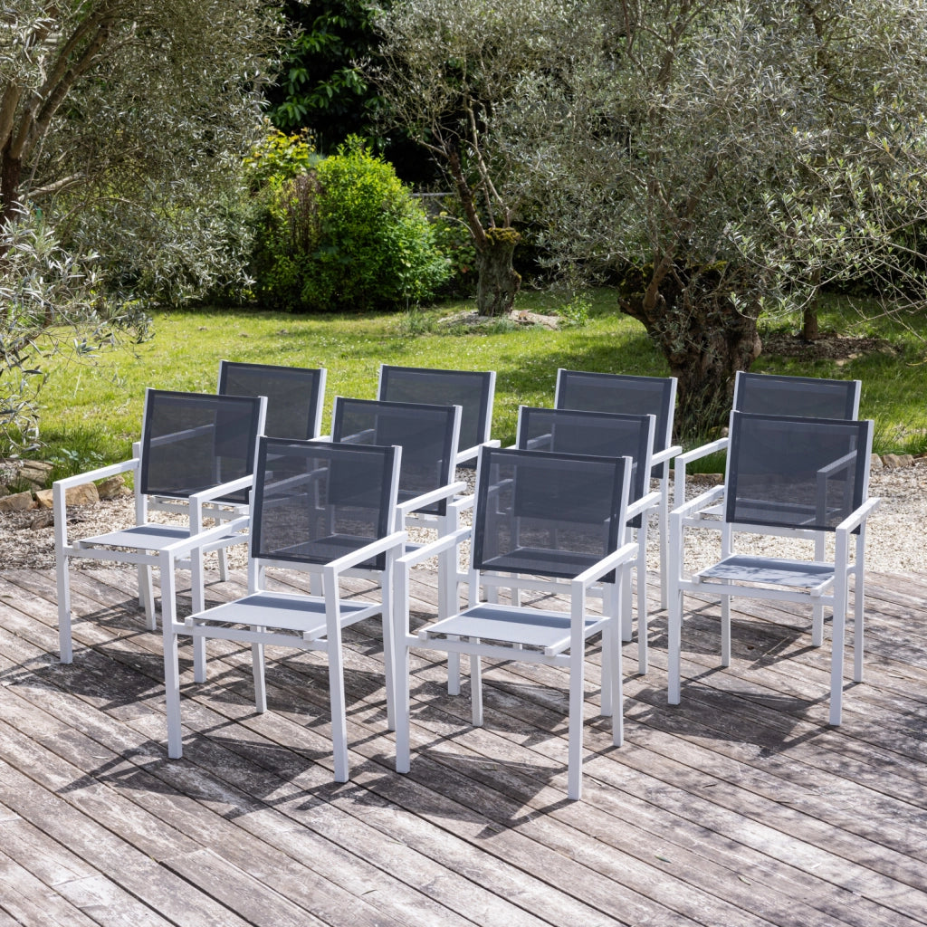 Set di 10 sedie in alluminio bianco - textilene grigio