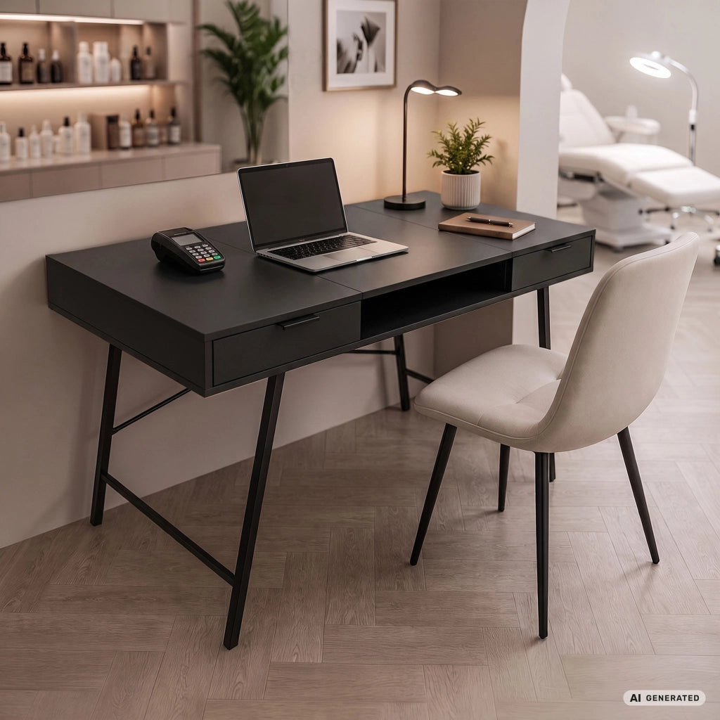Scrivania industriale per computer Nera ARDEN 120 cm 2 cassetti 1 ripiano gambe nere