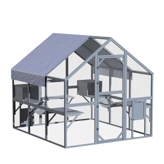 Recinto per gatti da esterno 210 x 187 x 187 cm, recinzione antifuga in legno con telo di copertura impermeabile per il tetto, diversi livelli, per giardino, balcone, terrazzo