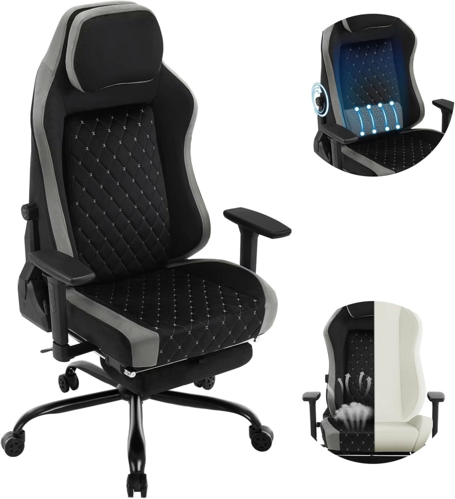 Sedia Gaming, Sedia da Corsa con Spugna Integrata a Lunga Durata e Supporto Lombare Adattivo Incorporato, Velluto, Nero + Grigio, GS05szg